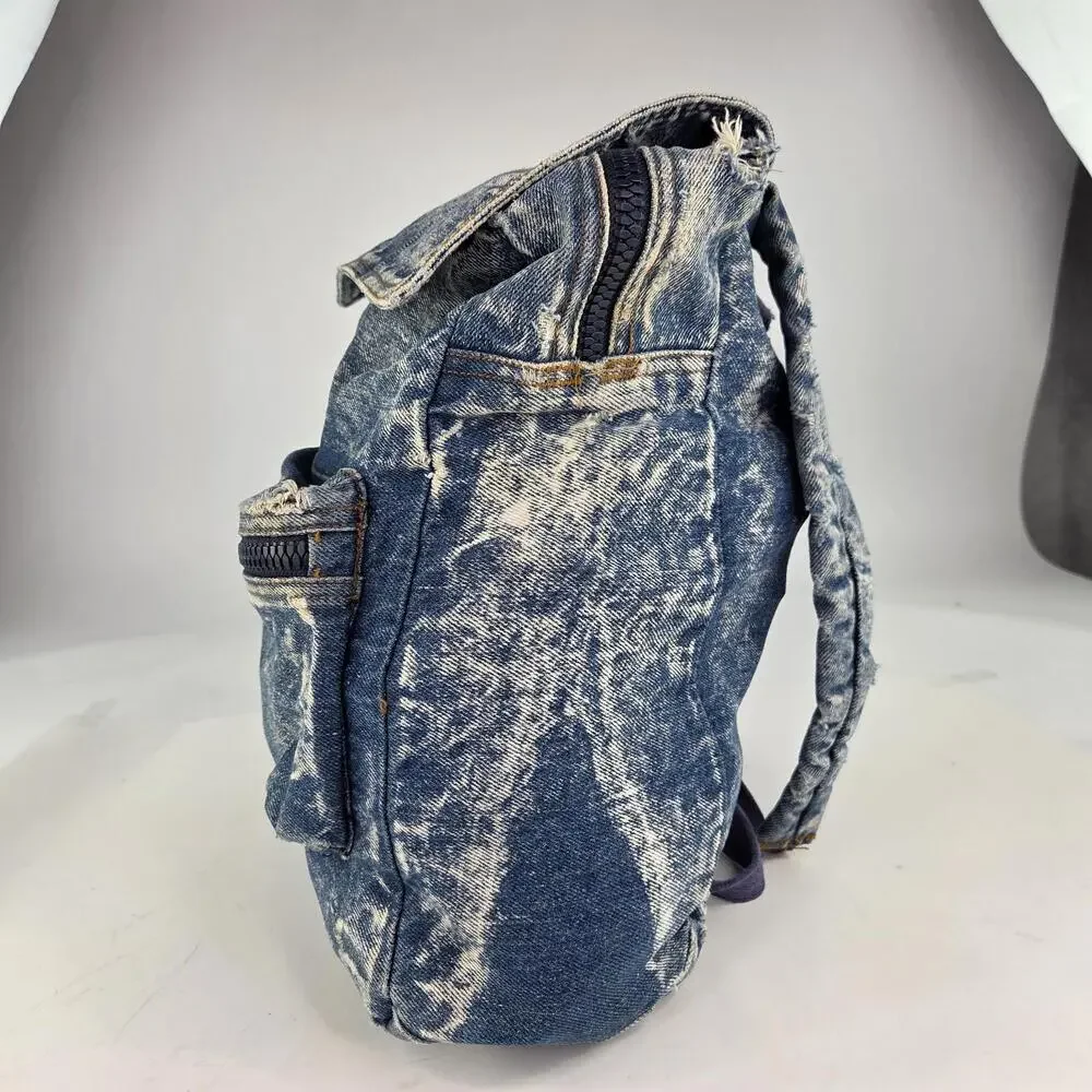 Vintage Class Act 90s Blue Stone Washed Thick Denim Zip Niche Design Backpacks - Picture 4 of 13